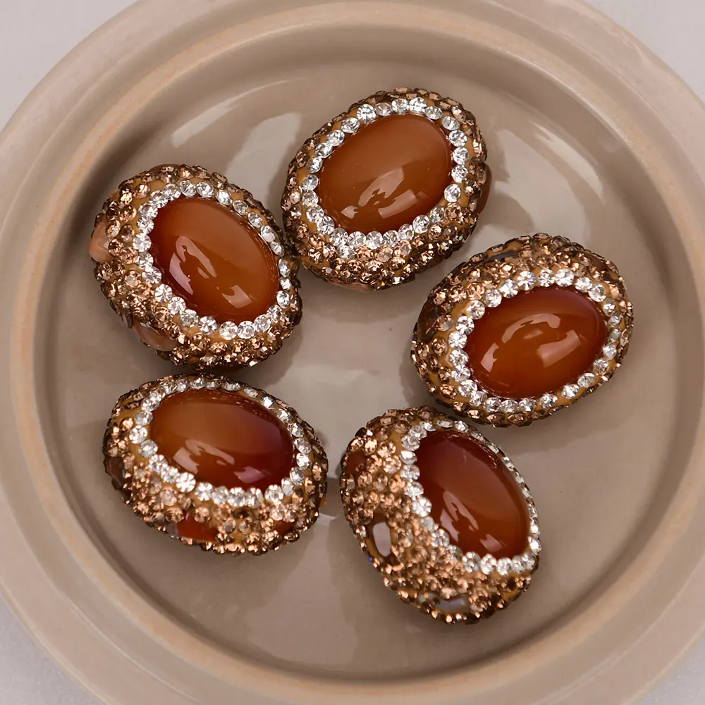 

APDGG 10 Pcs Natural Red Agate Carnelian With Rheinstone Crystal Paved Oval Egg Nugget Beads Jewelry Making DIY
