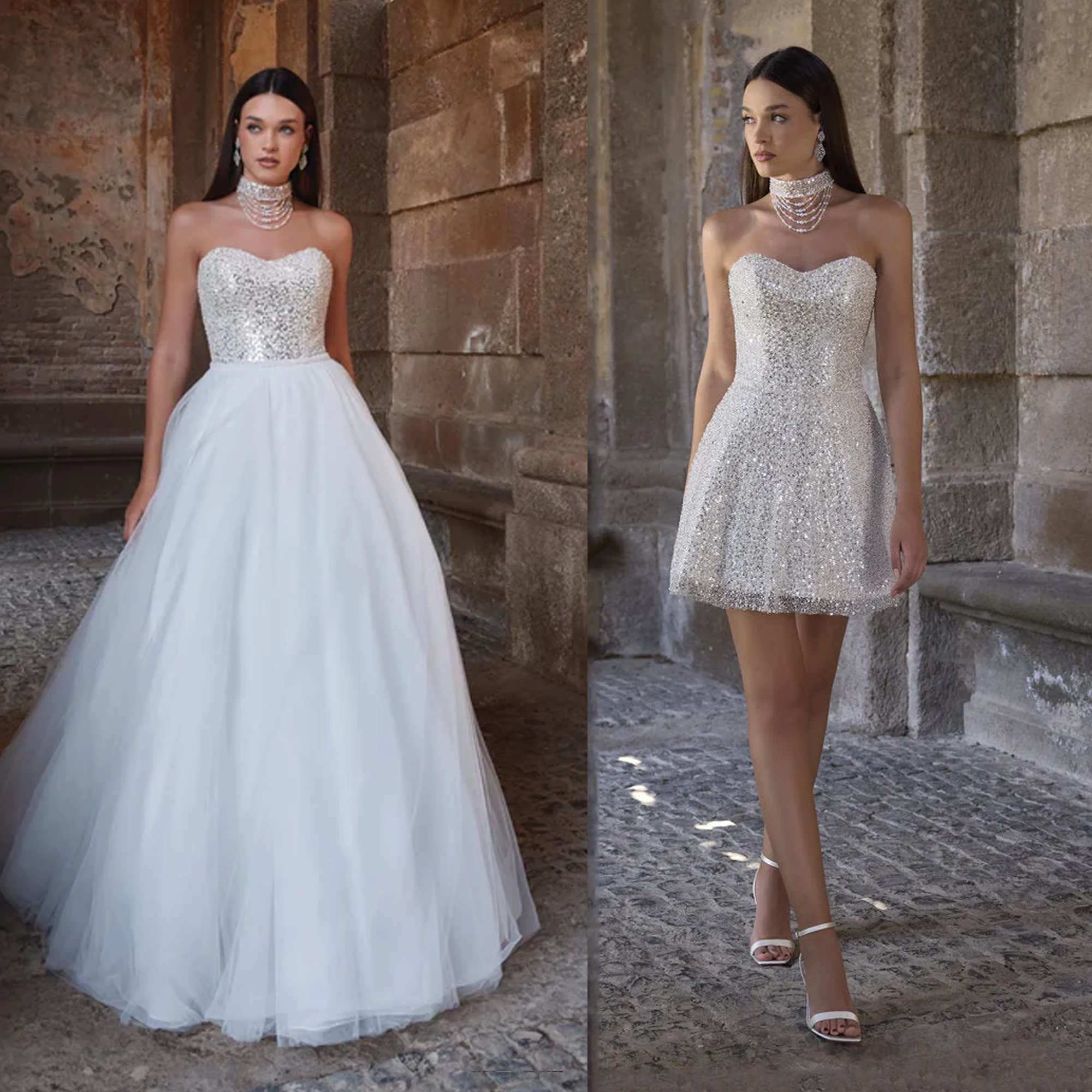 Civil Wedding Reception Dress Crystal Sleeveless Mini 2 In 1 Bride Gowns Sequined Beaded Luxury Engagement Dress Customized