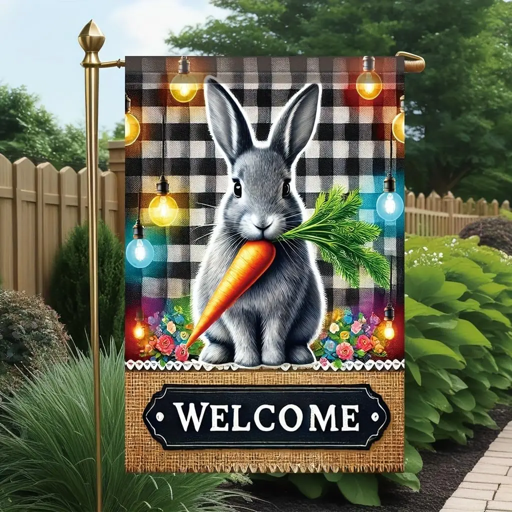 Welcome Bunny Garden Flag 12x18 Inch Double Sided Easter Rabbit Carrot Buffalo Plaid Yard Banner Spring Farmhouse Porch Lawn SSL