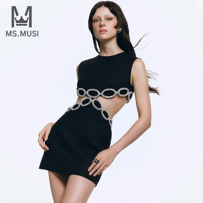 

MSMUSI 2023 New Fashion Women Sexy O Neck Crystal Button Sequins Hollow Out Backless Sleeveless Bodycon Party Club Mini Dress