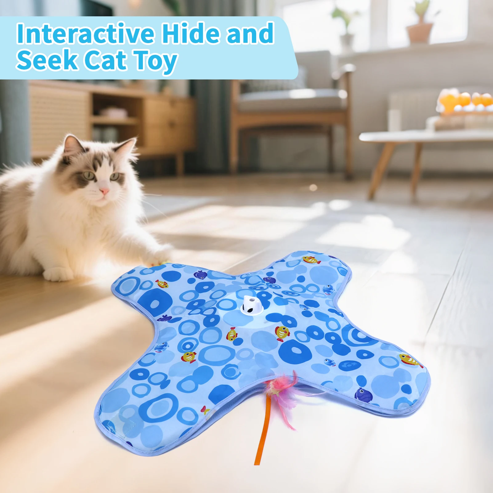 Hide and Seek for Indoor Cats,Rechargeable Touch-Activated Moving Feather Wand with Concealed Motion(Blue)