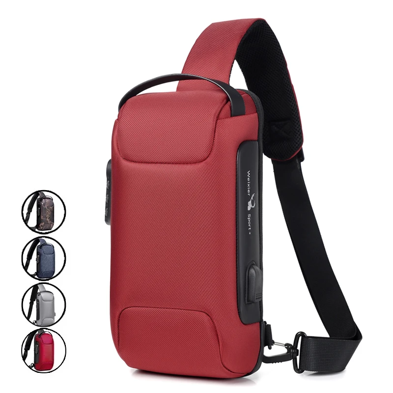 WEIXIER NEW Shoulder Bag for Men Waterproof USB Crossbody Bag Anti-Theft Short Travel Messenger Sling Fashion Designer Chest Bag