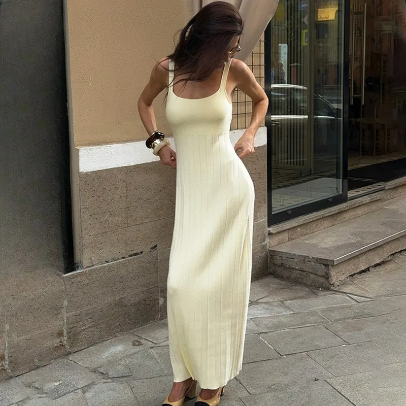 

Ticketsx Women's Knitted Long Dress Summer Fashion Ruched Patchwork Backless Slim Sling Dress Elegant Vacation Streetwear Dress