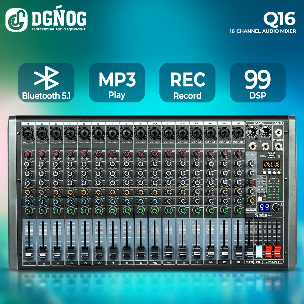 

Professional 16 Channel Audio Mixer Studio Audio Console USB MP3 Input 48v Phantom Power DJ Console for DJ Studio DGNOG Q16