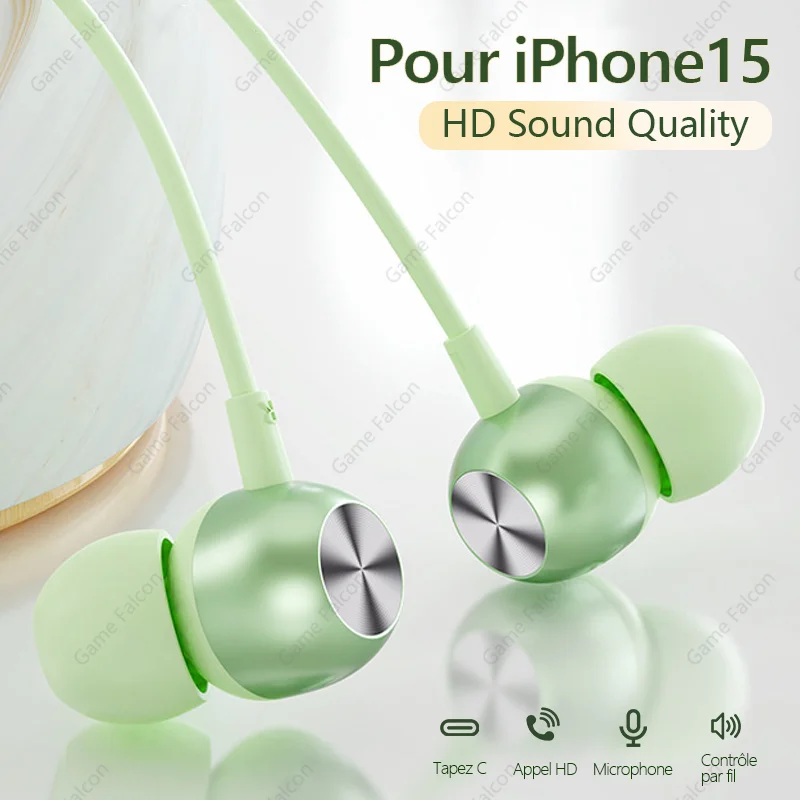 Écouteurs filaires HIFI en métal basse lourde, oreillettes filaires de Type C, oreillettes colorées avec micro, oreillettes de musique intra-auriculaires pour iPhone 15