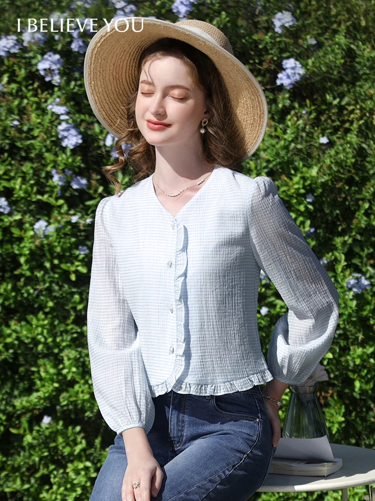 I Believe You-Chemise française à col en V pour femme, chemisiers à carreaux en bois avec boucle d'oreille, chemises basiques chics pour femme, printemps et automne 2024, nouveau, 2241055556