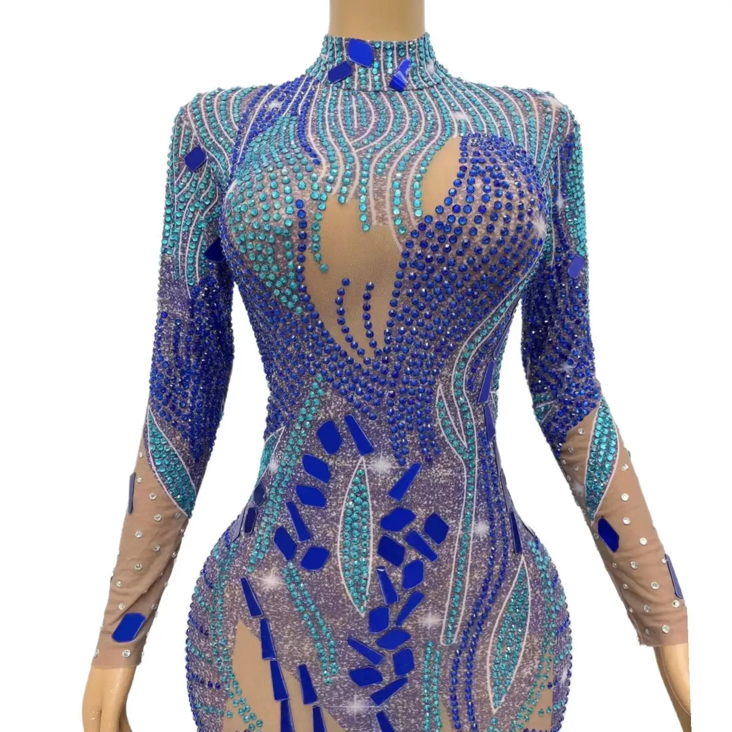 Xingkongding-Robe de Rhde luxe à col rond transparent pour femmes, robes longues bleues sexy pour filles, diamant noir, fente latérale, fête de Rh, quelque soit Xingkongding, 2024