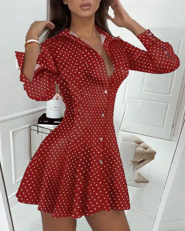 فستان قميص أنيق بأكمام طويلة وأزرار أمامية مطبوعة من Polkadot للنساء ملابس مكتبية صيفية كاجوال أنيقة ملابس نسائية