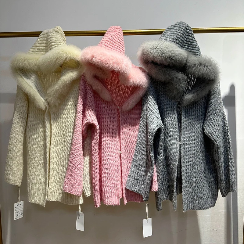 

2025 Women Winter White Real Fox Fur Hooded Sweater Thick Knitting OverSize Loose Girl's Pink Sweater Hoodie Coat