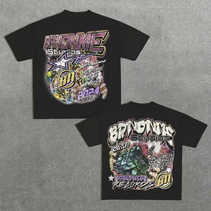 2000s Abstract Art Manga-style Doodles Print T-Shirt Unisex Crew Neck Short-sleeved Retro Street Y2K Casual Tops Clothing Gothic