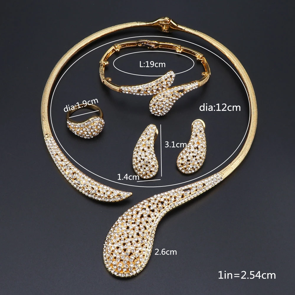 Gold Color Jewelry Set Water Drop Pendant Dubai Costume Jewelry African Simple Elegant Necklace Earring Bracelet Ring Set