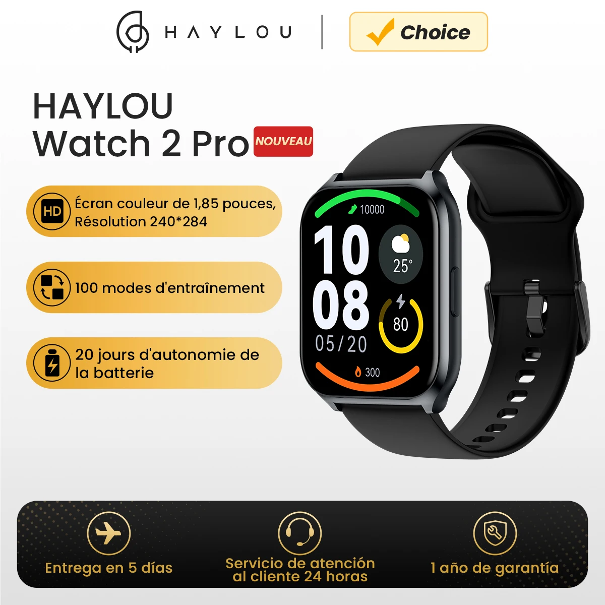 HAYLOU Montre connectée Watch 2 Pro LS02 Pro pour homme, grand écran de 1.85 ", plus de 100 modes d'entraînement, surveillance de la fréquence cardiaque