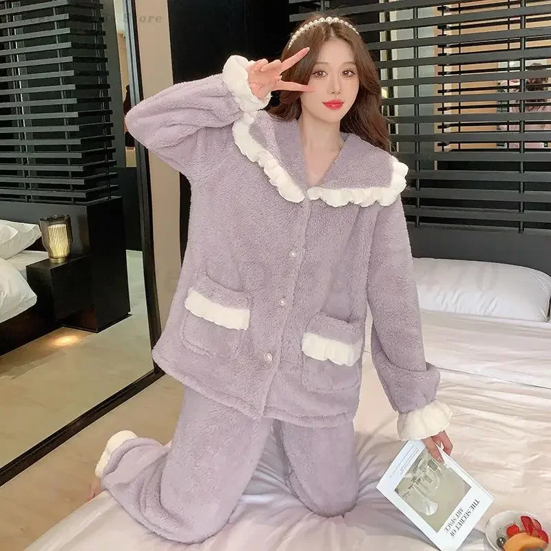 Épaissi chaud filles pyjamas maison vêtements français doux vêtements de nuit en vrac décontracté vêtements de nuit vêtements de détente hiver nouveau Pijama Mujer