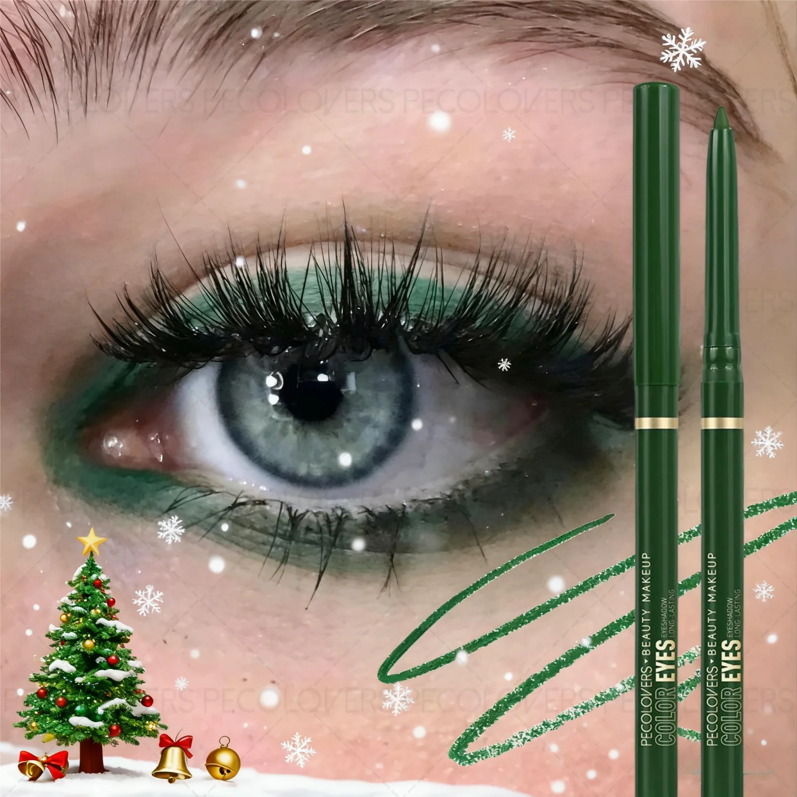 1 lápiz de ojos de gel verde resistente al agua, acabado suave, suave y sedoso, altamente pigmentado, para un aspecto de ojos navideño glamoroso