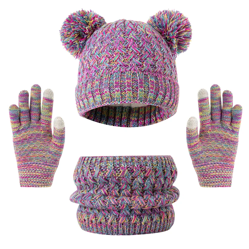 3pc3-12Y قبعة أطفال، طقم وشاح وقفازات، قبعة شتوية سميكة للأطفال مع قبعة محبوكة بنمط ندفة الثلج