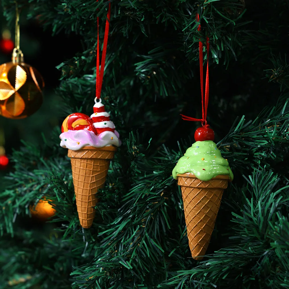 

Resin Ice Cream Cone Ornaments Christmas Tree Decoration Holiday Hanging Decor New Year Gift Home Living Room Desktop