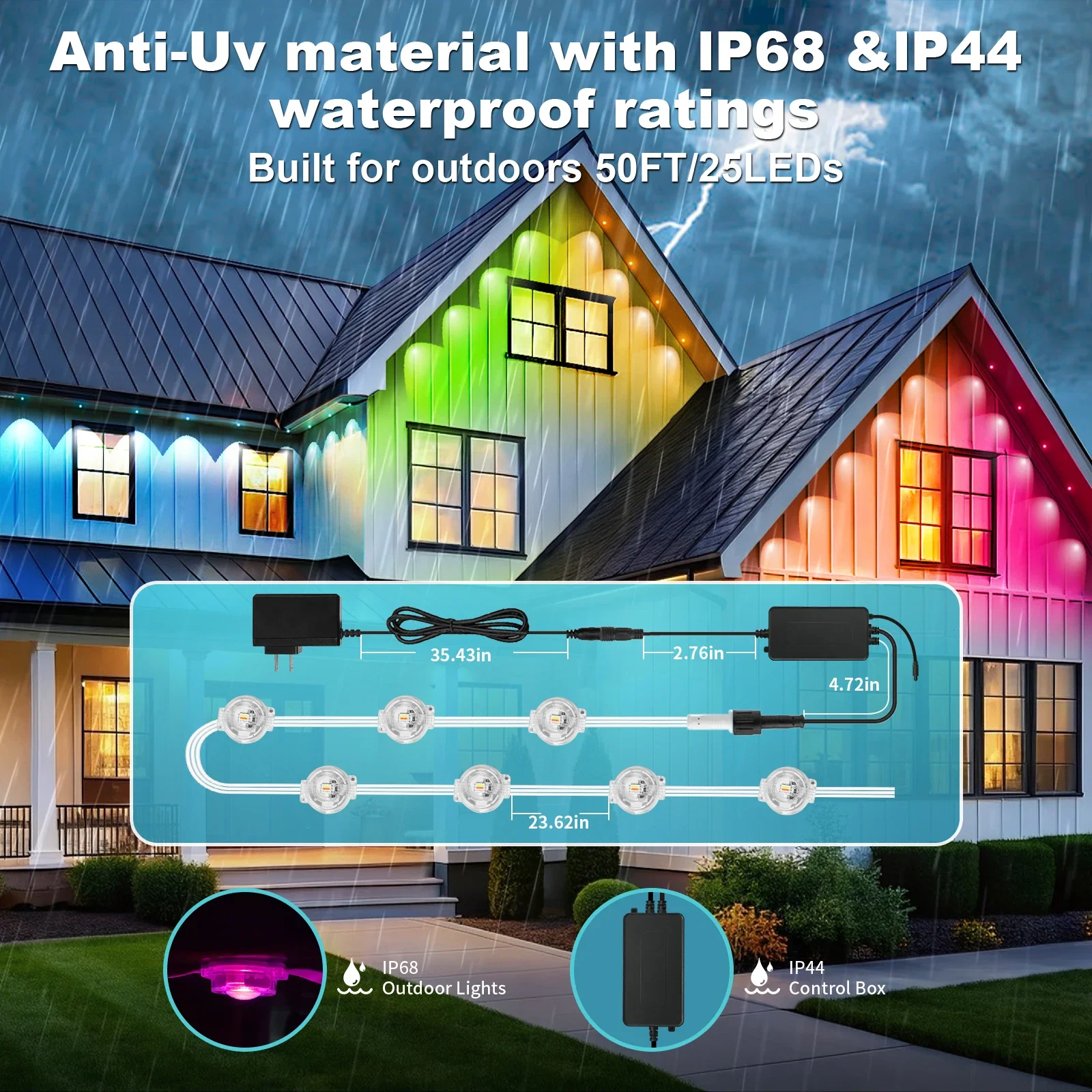 15M/30M/60M RGBIC Smart Eaves Light with APP/Remote Control IP67 Waterproof Outdoor String Lights House Roof Garden Lighting