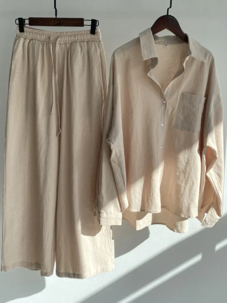 2024 Summer New Trend Cotton and Linen Shirt Suit High Waist Loose Trousers Elegant Women Sets Two Piece Set for Women
