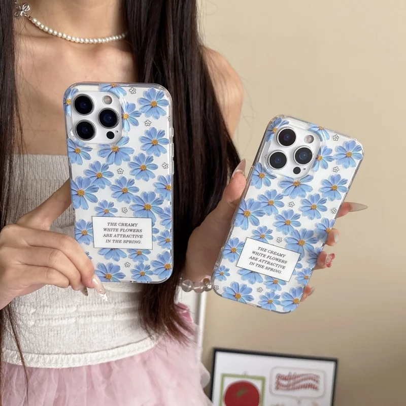 Ins الأزرق ديزي زهرة ثنائي الطبقة IMD جراب هاتف آيفون 16 برو ماكس 15 برو 14/13 13 برو لينة غطاء كامل شل حماية الجسم #4