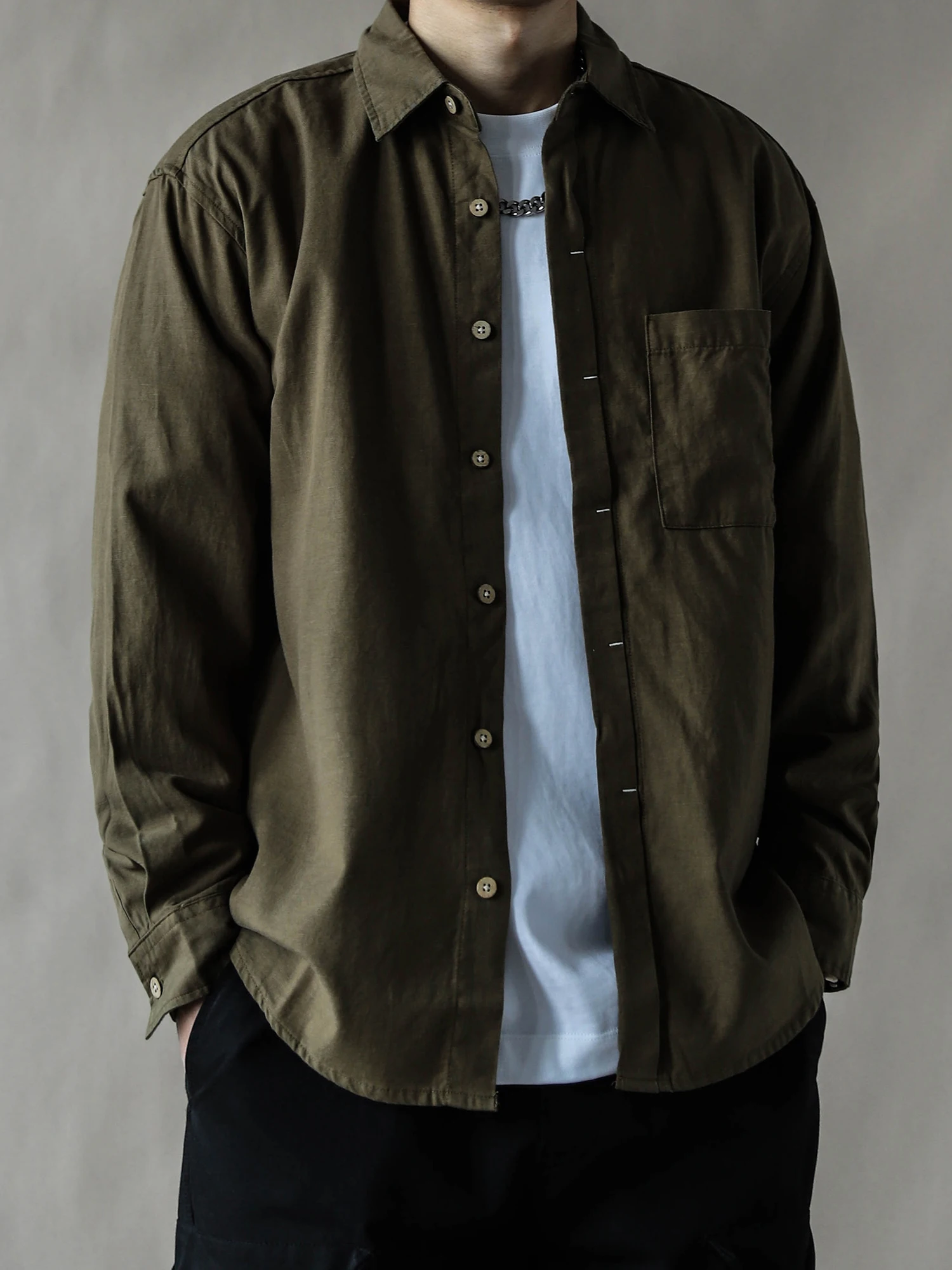 

American Workwear Sle Long Sve Loose Men's irt Casual Simple High Quali Brown Cotton Linen Blend Anti-Deformation