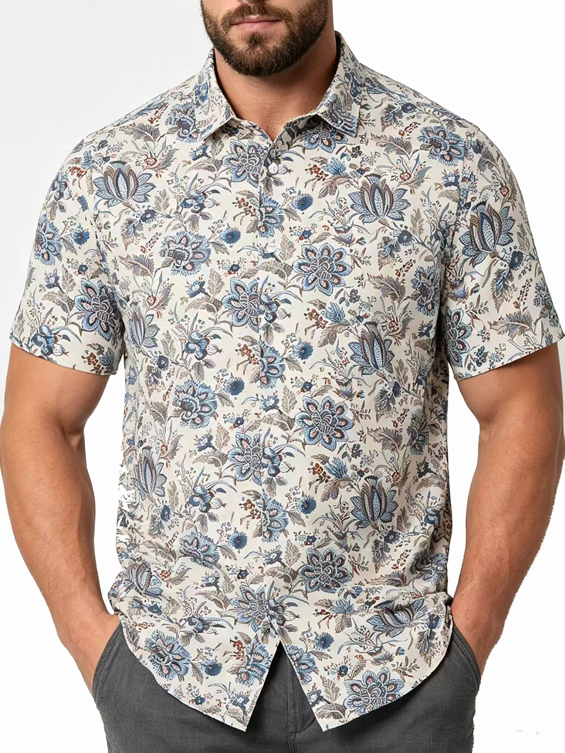 Men Short Sleeve Shirt Beige Base Vintage Blue Floral Botanical Print Turn‑Down Collar Casual Hawaiian Tops