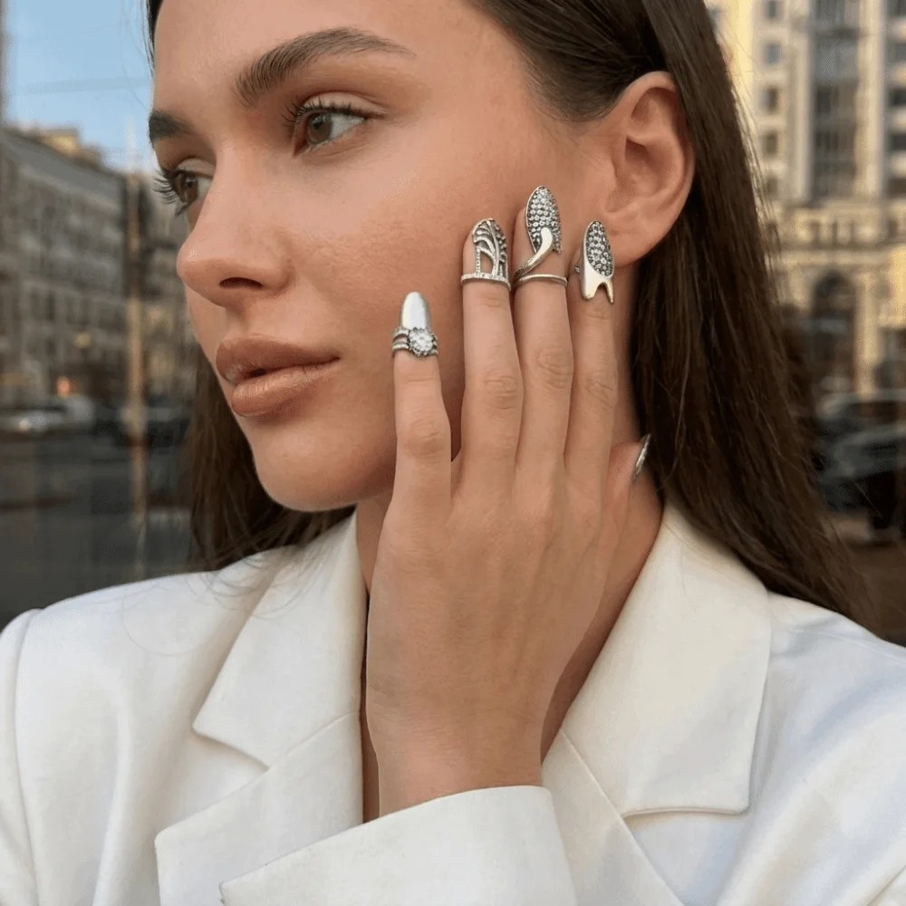 Elegant Adjustable Opening Nail Rings Silver Tone Lightweight Nail Cover Rings Alloy Chic Finger Rings Valentine's Day Gifts
