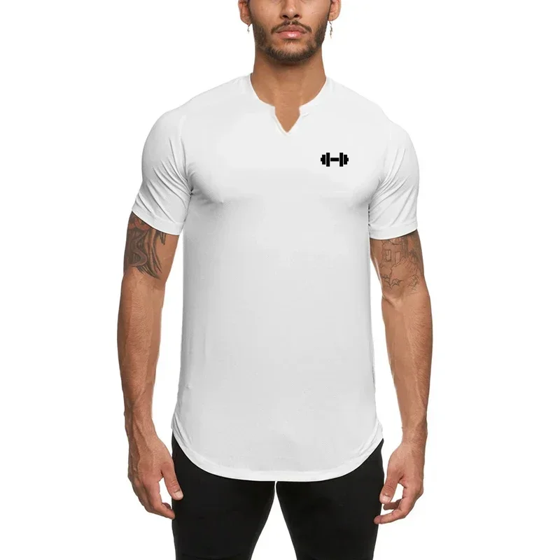 Summer Men V-neck Compression Short Sleeve Slim Fit Gym Workout Clothing Fitness Bodybuilding Tight Sports  Quick-drying T-shirt