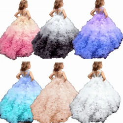 Lovely Baby Pink Girls Princess Gowns Lace Puffy Flower Girl Dress Sleeve Cute Girl Birthday Dress Wedding Party Evening Dresses