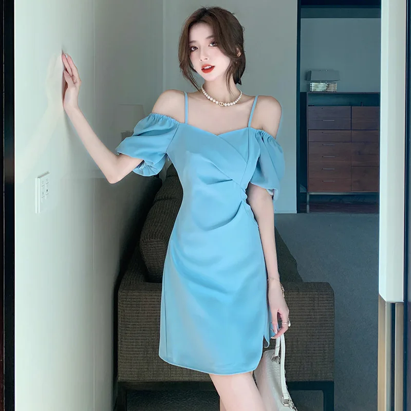 

Mini Sexy Dress Women Slash Neck Elegant Summer Vestidos Lady Temper Hotsweet High Waist Clothes Aesthetics Kpop Trendy