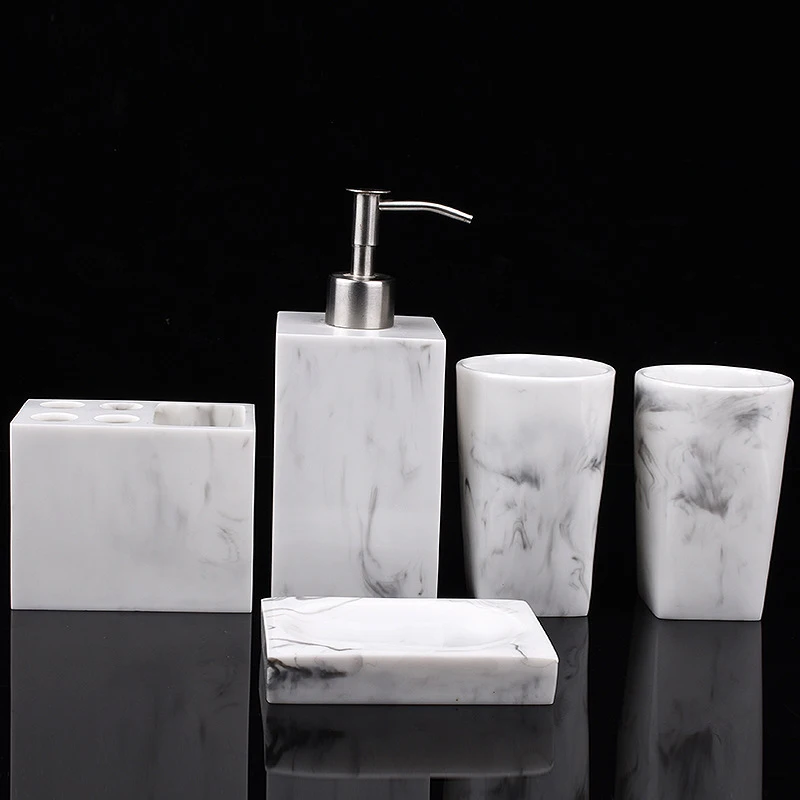 Marble Look Bathroom Accessories Set, Soap Dispenser, Toothbrush Holder, Counter Top, Restroom, Apartment Decor Stuff, 5 Pcs