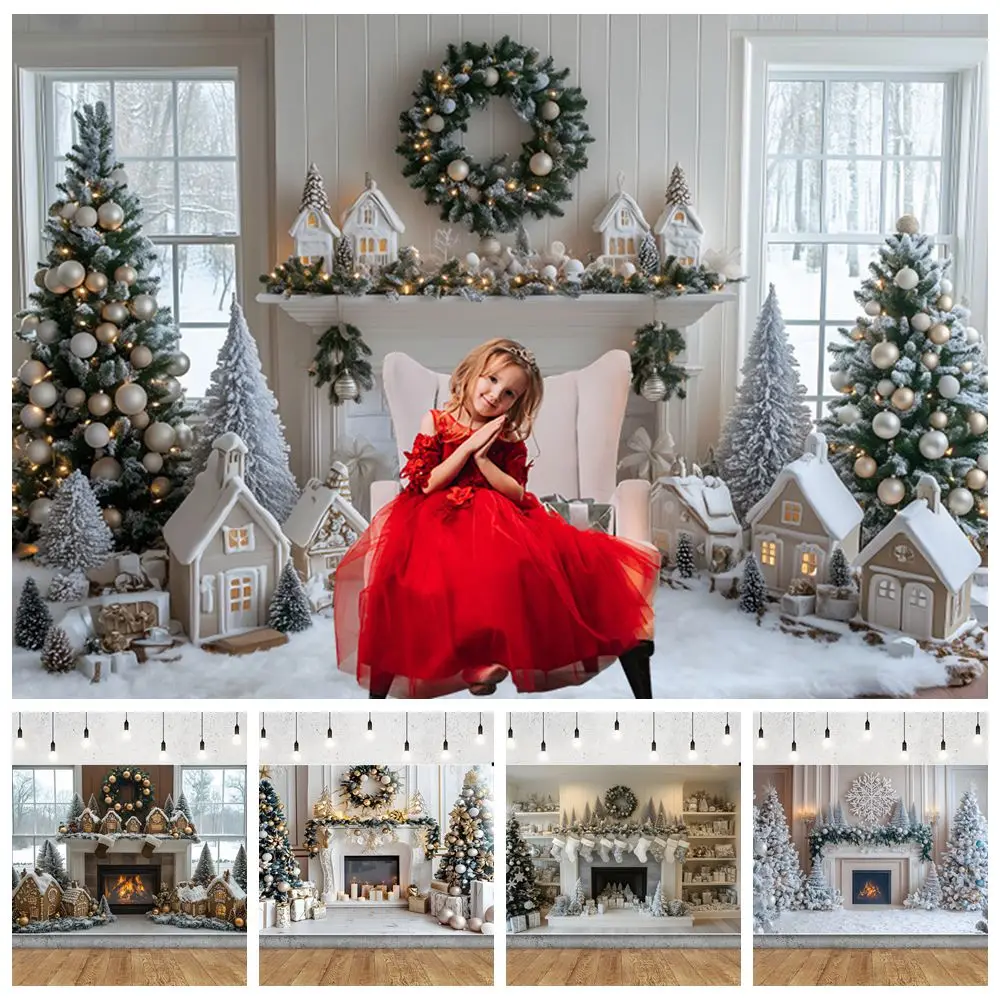 

White Christmas Backdrops Fireplace Gifts Wreath Baby Kids Family Xmas Tree Party Photography Background Decor Photostudio Props
