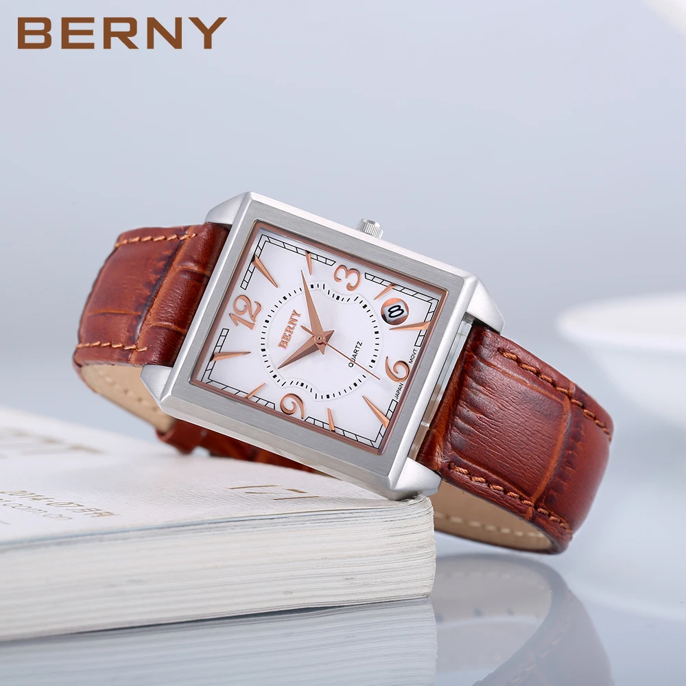 BERNY Men Watch Square Quartz Movement Miyota Calendar Tank Wristwatch Relogio Masculino Leather Strap Waterproof Male Clock