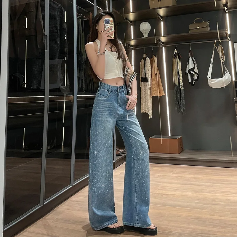 

2026 New Starry Hot Drilling Bling Wide Leg Jeans Women Streetwear Loose Draped Floor Length High Waist Denim Fashion Trousers