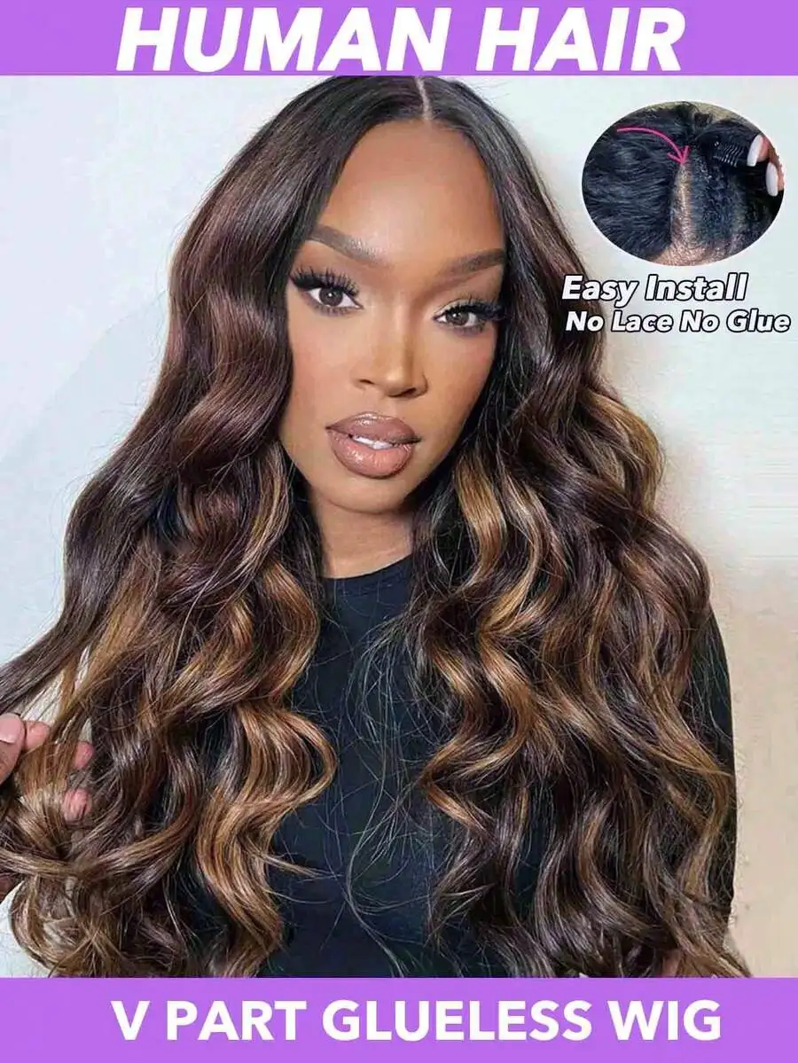 1B/30 Glueless Highlights V Part Wig Human Hair 220% Density Body Wave V Part Wigs No Glue 30 Inch Omber Brown Colored Curly Wig