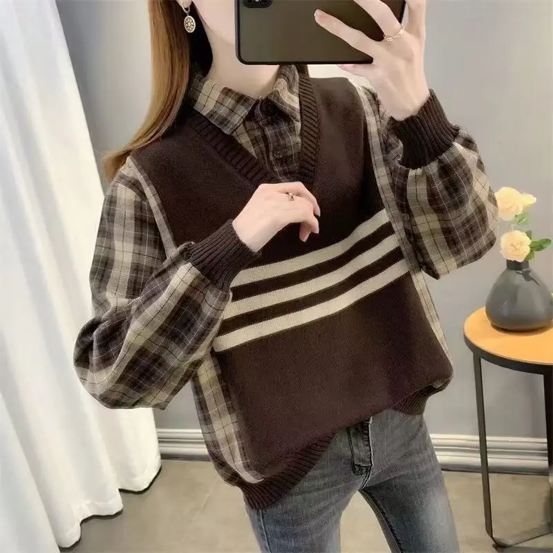 Fake Two Women's Sweaters Checkered Women's Sweater  Striped sweater  stripe shirt Autumn Women's Sweater korean fashion win