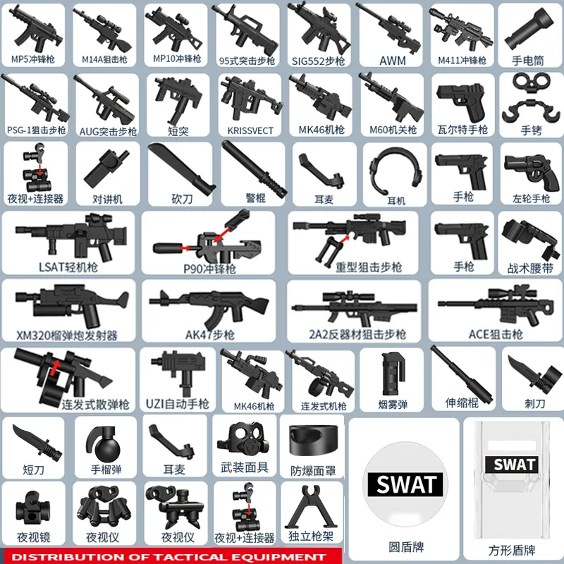 MOC-Blocos De Construção De Armas Militares, SWAT Gun, Canhão, Exército Soldado, Escudo Policial, Figura Acessórios, Modelo De Tijolos, Brinquedo DIY