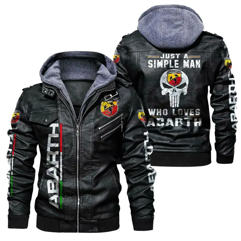 New Skull Leather Coat Motorcycle with Hat Hat Detachable PU Leather Coat Car Logo Jacket