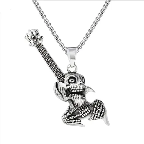 Hip Hop Rock Skeleton Men Guitar Instrument Pendant Necklace Retro Punk Silver Color Stainless Steel Chain Neck Jewelry Gifts