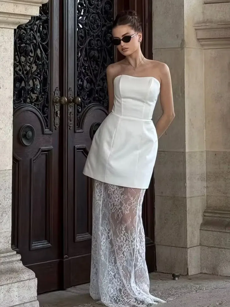 

HH Women Summer Fashion Skirt Suit Solid Strapless Sleeves Backless Zipper Sexy Tops+High Waist Lace Long Skirt Female Sets