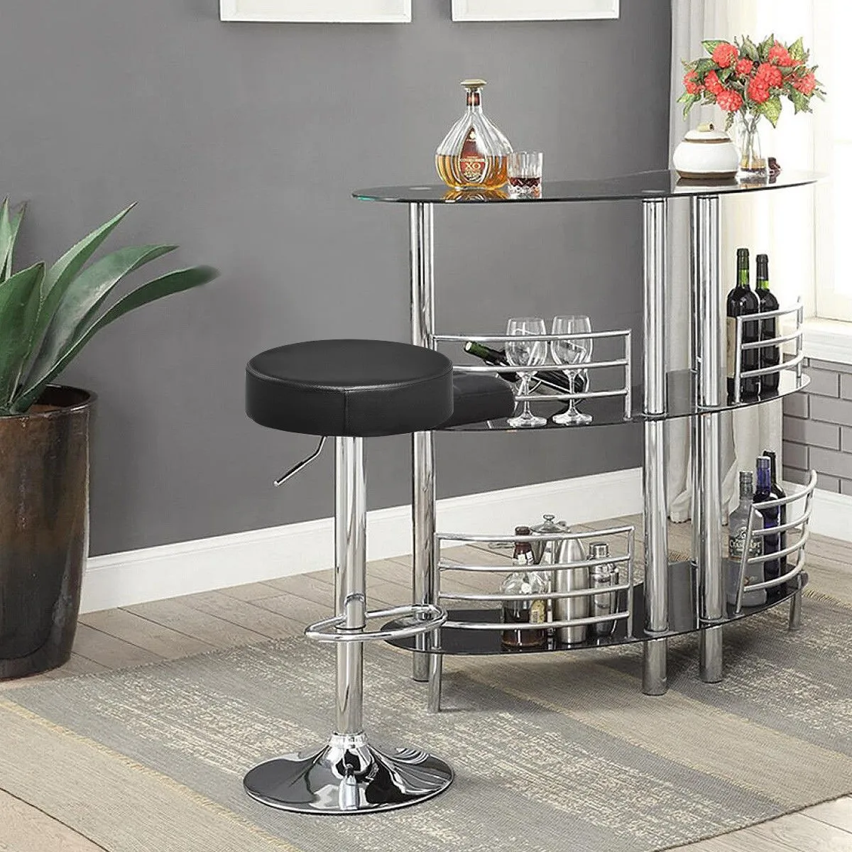 

1 PC Bar Stool Round Leather Seat Chrome Leg Adjustable Hydraulic Swivel Black
