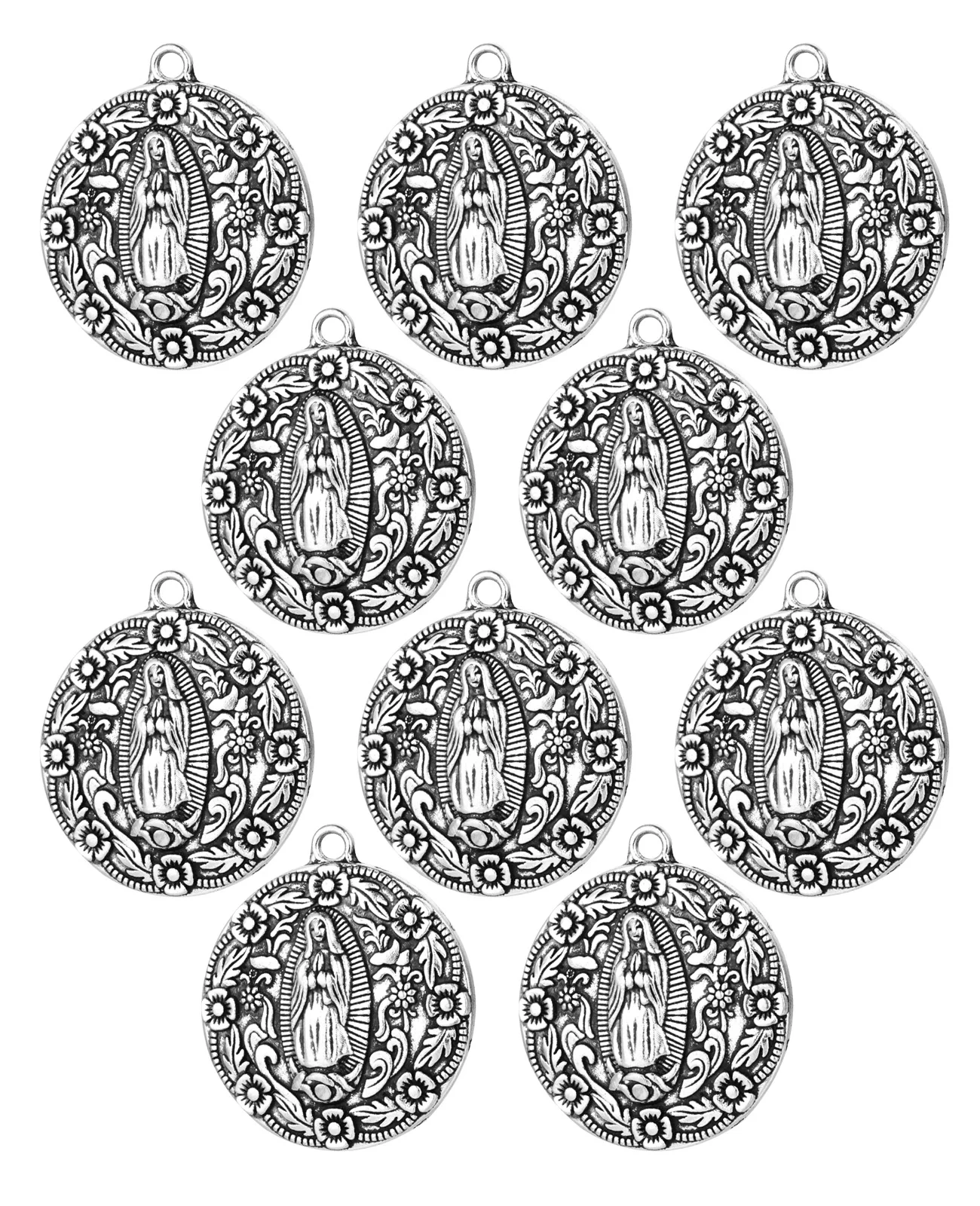 5Pcs Catholic Virgin Mary Round Medal Carved Our Lady of Guadalupe Floral Pendant for DIY Necklace Jewelry Accessories