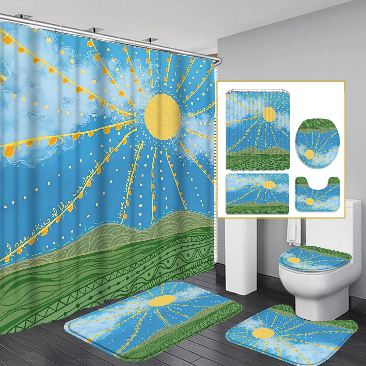 Sun 4pcs Bathroom Set, High Quality Shower Curtain, Absorbent Bathroom Floor Carpet, Non-slip U-Shaped Contour Rug & Toilet