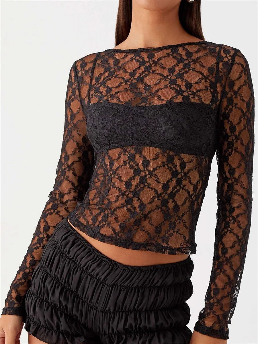 Women Lace Crop Tops Summer Back Cutout See-Through Long Sleeve Shirt for Club Beach Streetwear Aesthetic Grunge Clothes