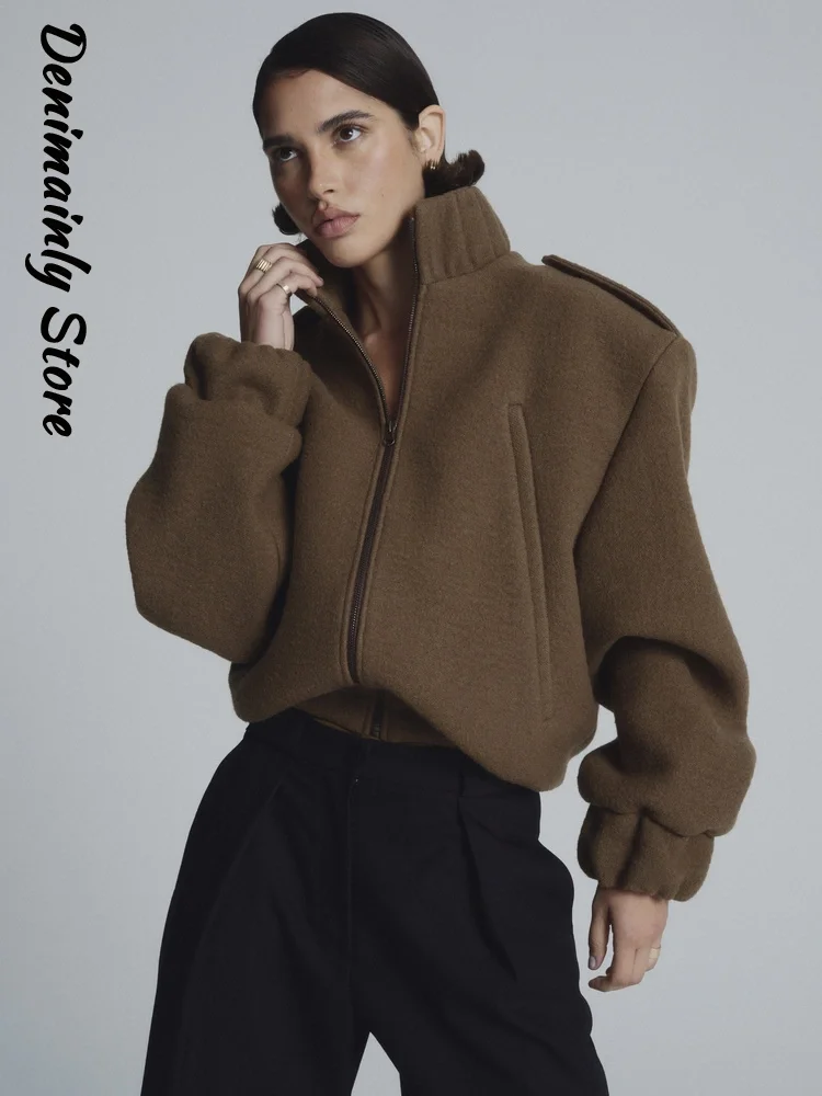 

Модная шерстяная куртка цвета хаки с воротником-стойкой на молнии, женская однотонная молния, свободное уличное пальто с длинными рукавами, 2026, весенняя женская верхняя одежда