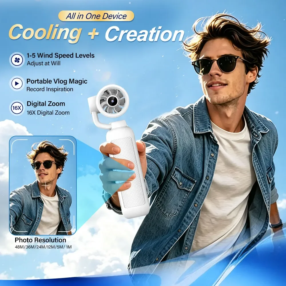 Mini Pocket Camera with Cooling Fan Gimbal 2000mAh 1.47inch Screen Display & Anti-Shake Portable Handheld Outdoor Video Recorder
