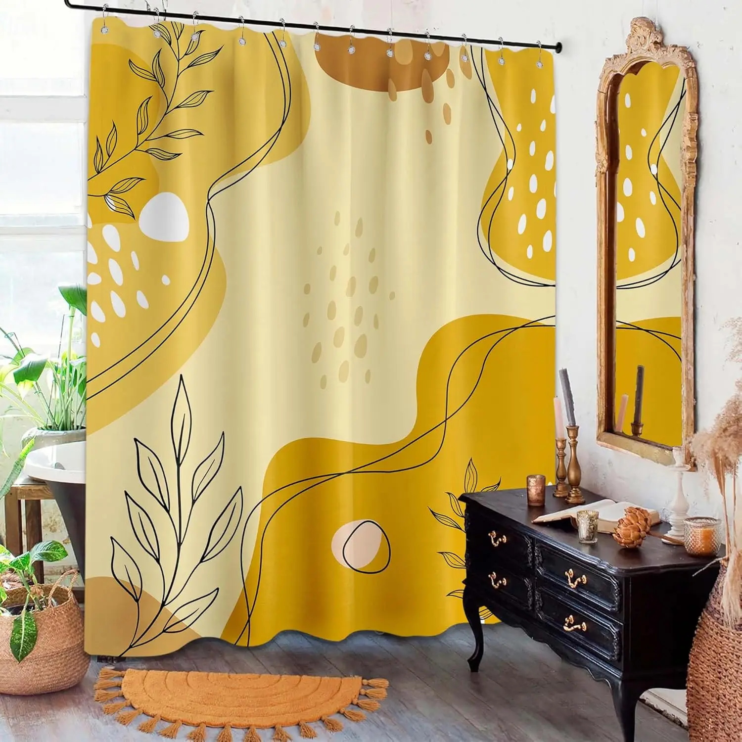 Light Yellow Shower Curtain Mustard Dark Yellow Shower Curtains for Bathroom Mid Century Modern Abstract Boho Bath Decor Sets