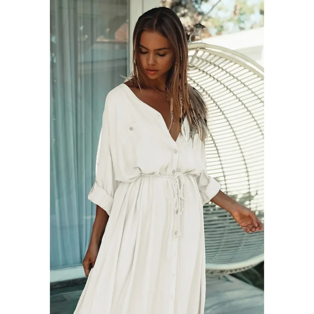 Bikini Cover-Ups Elegant Hollow Out Deep V-neck Summer Beach Dress White Cotton Tunic Women Beach Wear Swim Suit Cover Up