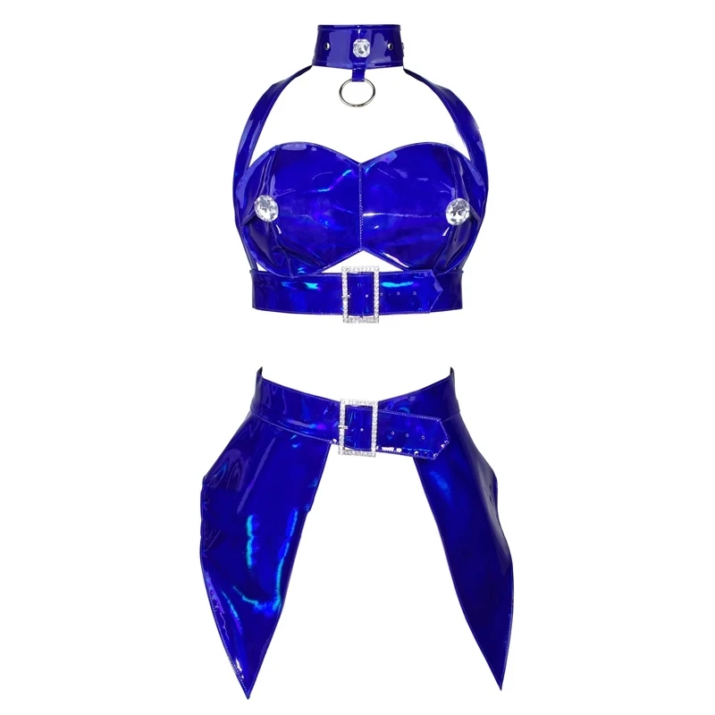 Couro De Patente Azul Laser Pole Roupa De Dança, Sexy Cantor Traje De Palco, Gogo Dance Wear, Dancer Wear