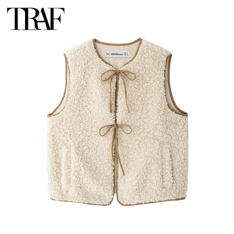 TRAF 2024 Women Butterfly Lace-Up Waistcoat Khaki Fleece Vest Outerwear Autumn Ladies Fashion Casual Elegant Sleeveless Bow Vest