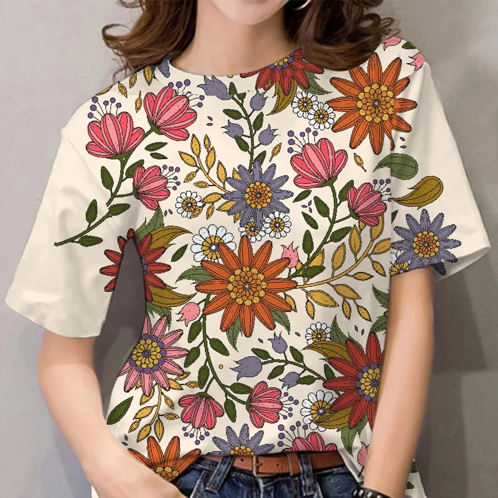 

2024 Top Women Flower Printed Women's T-Shirt Oversized T-Shirt Popular Clothes Women Clothing Short Sleeve Tees Blouse 5XL